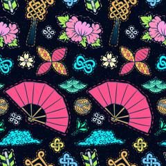 Asian patch badges pattern. Japanese doodles background. Fashion embroidery elements. Asia culture fabric. Chinese. China. Japan. Singapore. Korea. Vietnam. Fabric design. Vector sketch.