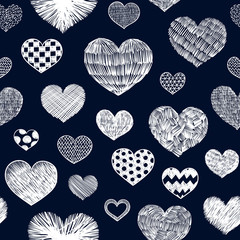 Hearts doodles pattern. Valentines day background. Romantic texture. Hand drawn effect vector. Wedding and marriage doodles. Love theme sketches. Hearts scribbles.