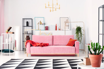 Metal shelves and abstract paintings behind powder pink couch in elegant white living room, real...