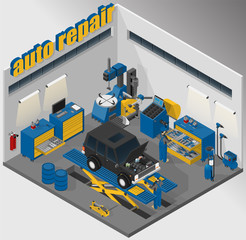 Vector isometric illustration of automotive and tire fitting service, car lifts, wheel changer and wheel balancers. Equipment for automotive service.