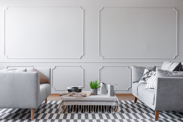 Low coffee table with coffee mugs and plant in pot between two grey comfortable sofa in elegant living room with copy space on the wall