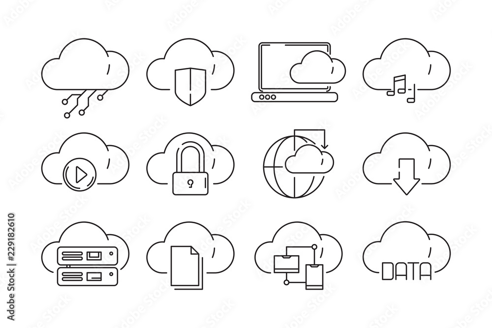 Poster web cloud services icons. internet sync computer technology infographic vector linear symbols isolat