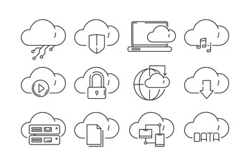 Web cloud services icons. Internet sync computer technology infographic vector linear symbols isolated. Cloud data sync and networking, internet app service illustration