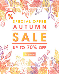 Autumn special offer banner with autumn leaves and floral elements in fall colors.Sale season card perfect for prints, flyers,banners, promotion,special offer and more. Vector autumn promotion.