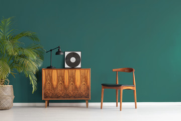 Pine green wall in minimal scandinavian interior with plant in linen pot and vintage cabinet and chair, real photo with copy space - obrazy, fototapety, plakaty