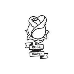 Rose line icon with inscription on tape. American old school tattoo. Vector illustration.