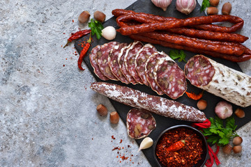 Plate with delicacies. Hamon, salami, meat with nuts and spices on a concrete background.
