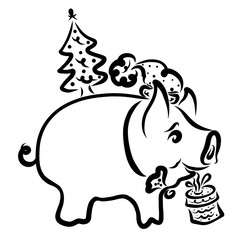 Little pig in a hat, with a Christmas tree and a gift