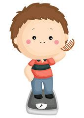a boy weighting his weight while holding a comb