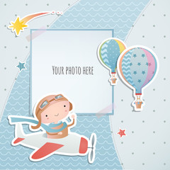 Holiday card design with pirate and boat. Baby shower. Paper, scrapbook.