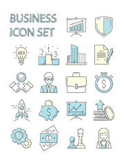 Colored business icon. Responsive symbols set data perfection speaker finance strategy startup employees vector outline. Illustration of startup finance, business chart analysis and management