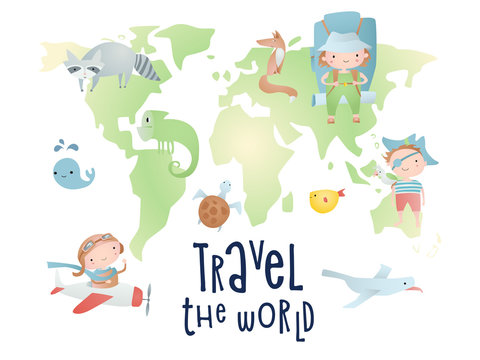 Set of cartoon elements on the world map. Time of adventure. Holiday card design.
