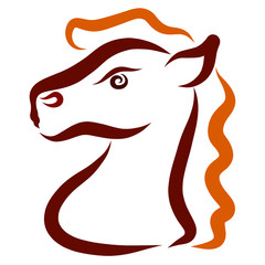 Head of a brown serious horse with a wavy orange mane