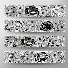 Cartoon cute colorful vector hand drawn doodles Donuts banners design
