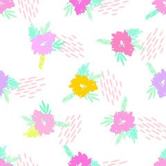 Cute Funny Flowers Seamless Pattern Print  with Brush Strokes Print 