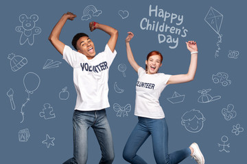 Happy children. Merry two teens jumping and shouting