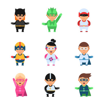Little superheroes. Hero comic cartoon 2d figures of kids in colored mask game toy sprite vector characters isolated. Superhero mask and costume, super hero kids characters illustration