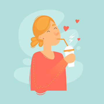 Woman drinks a drink through a straw, fast food. Flat design vector illustration