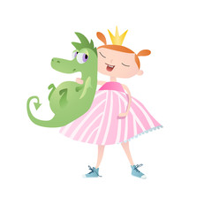 Cute little princess with dragon. Vector. Character design.
