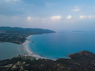 Aerial Landscape. Magnificent view on famous beach Villasimius in Sardinia, Italy.
