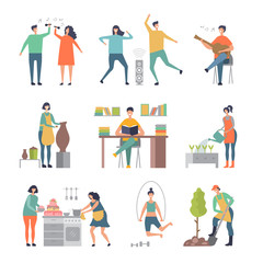 People hobbies. Writers painters male and female characters making sculpture and gardening vector illustrations. People hobby, happy leisure man and woman cooking and playing guitar
