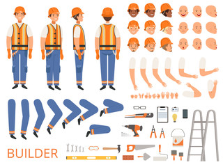 Engineer character animation. Body parts and specific tools of builder constructor with head body arms hands vector. Builder animation construction, creation kit, worker engineer illustration