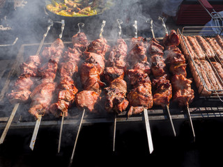 Kebab roasted on the coals in the smoke.
