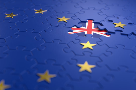 Brexit -  British exit from the European Union. The idea of a 'Brexit' represented via jigsaw puzzle. 3D rendering graphics.