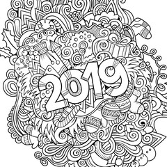 2019 hand drawn doodles contour line illustration. New Year poster.