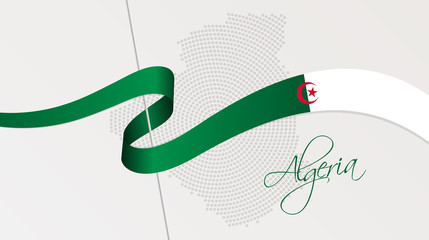 Wavy national flag and radial dotted halftone map of Algeria