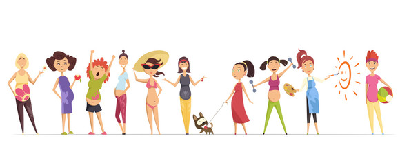 Fototapeta premium Pregnant women set. Many views of pregnant. Smile happy, walking with dog, eating apple, exercise, painting, swimsuit. Vector illustrations isolated.
