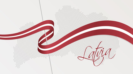 Wavy national flag and radial dotted halftone map of Latvia - obrazy, fototapety, plakaty