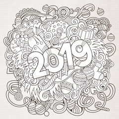 2019 hand drawn doodles contour line illustration. New Year poster.
