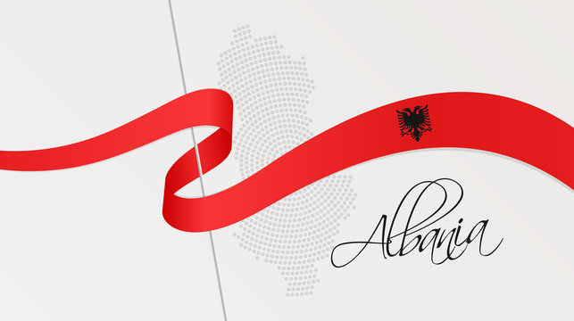 Wavy national flag and radial dotted halftone map of Albania