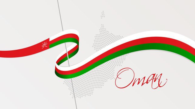 Wavy national flag and radial dotted halftone map of Oman
