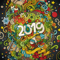 Obraz na płótnie Canvas 2019 hand drawn doodles colorful illustration. New Year poster.