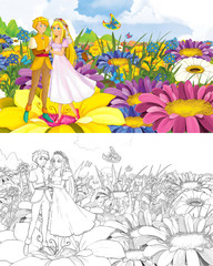 Obraz na płótnie Canvas cartoon scene with beautiful tiny elf girl on the meadow with elf prince - with coloring page - creative illustration for children