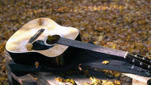 The guitar lies in the forest on the yellow leaves. Yellow leaves fall on the guitar. Autumn forest.