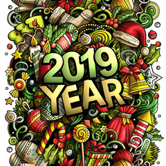 2019 hand drawn doodles illustration. New Year objects and elements design