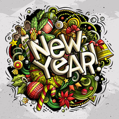 Obraz premium New Year doodles illustration objects and elements poster design
