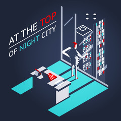 Businessman top night city penthouse office workroom laptop documents isometric flat design concept vector illustration