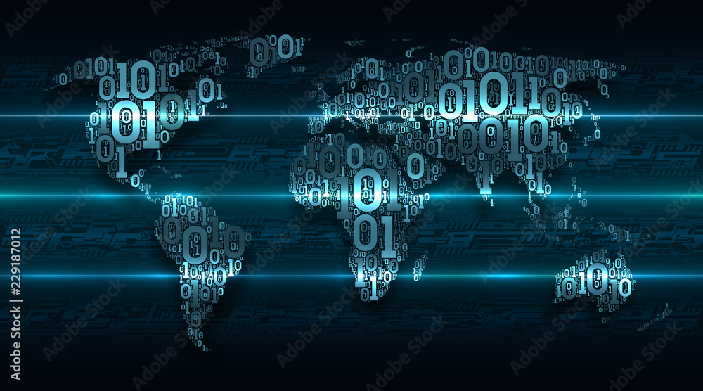 Poster Abstract map world with continents from digital binary code on the background abstract printed circuit board, concept of  networking technologies, big data, global cloud service, internet of things