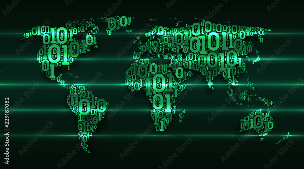 Poster abstract map world with continents from digital binary code on a dark green background with glowing 