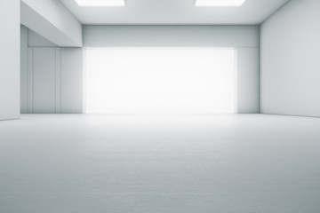Empty abstract white room with the gate and glowing light. Interior concept background. 3d illustration