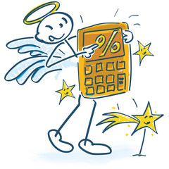 Strichmännchen als Engelchen mit Taschenrechner und Prozenten
