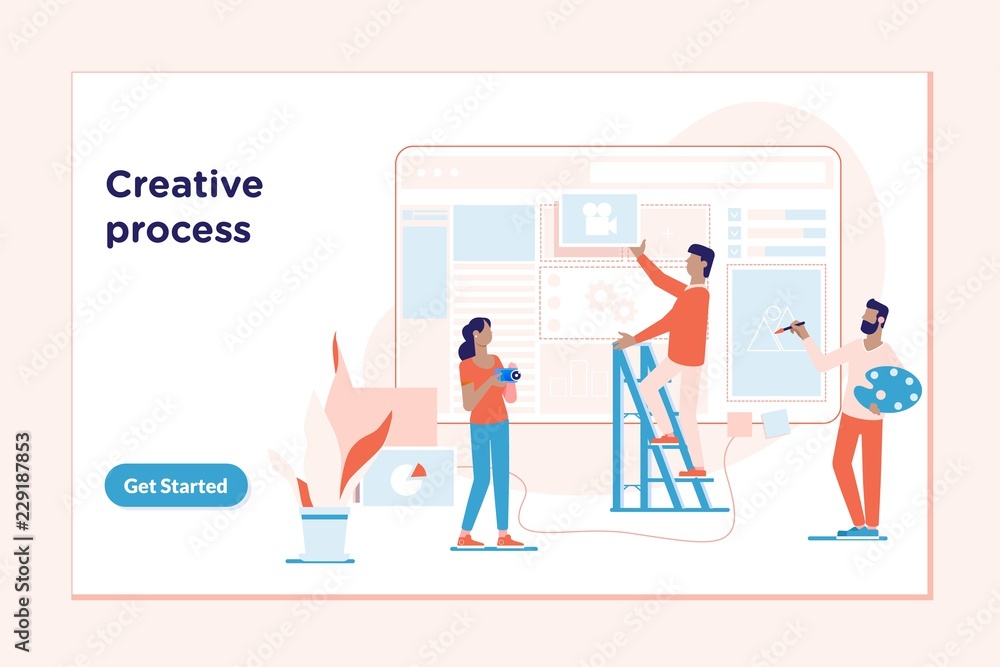 Poster landing page template of creative process.the process of developing interface for pc