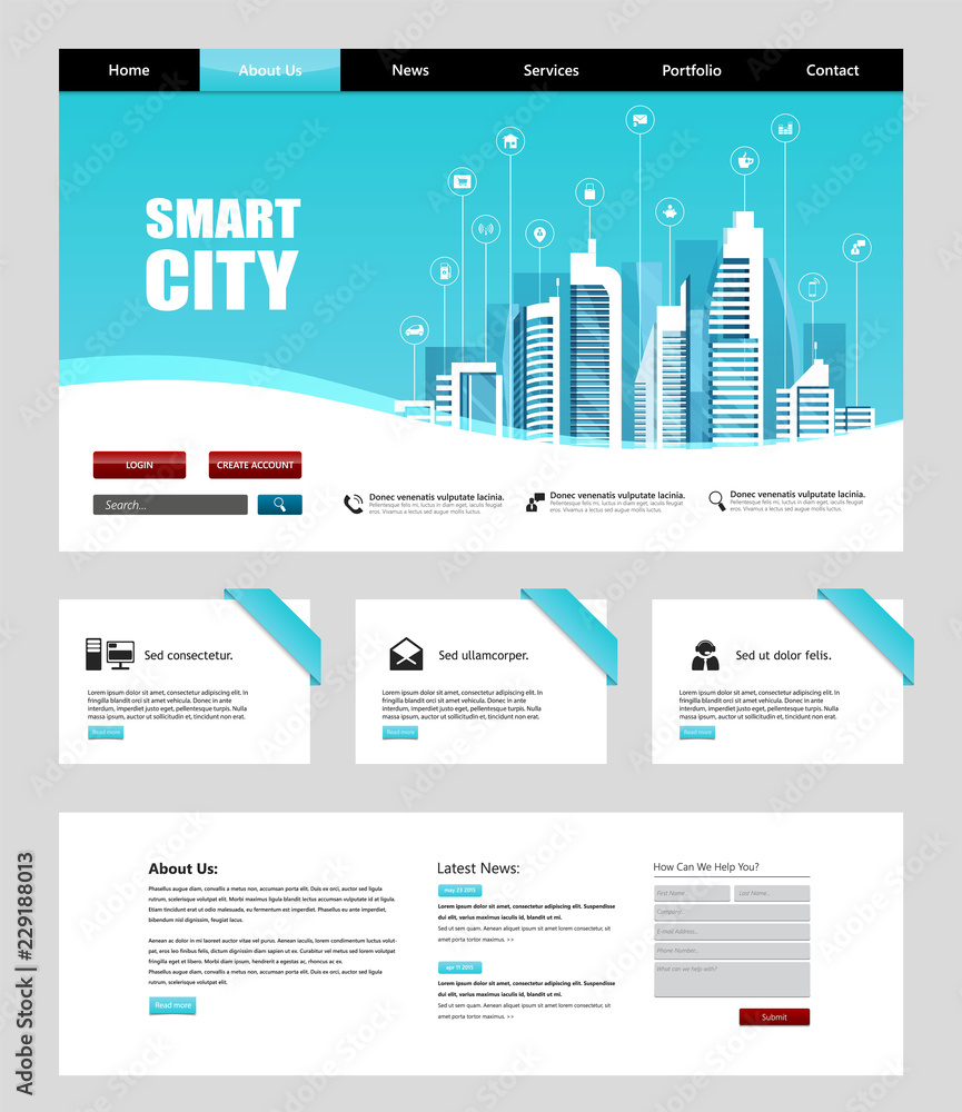 Poster one page website template with flat illustration of smart city header design