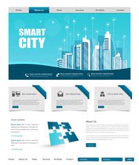 One Page Website Template with Flat illustration of Smart City Header Design