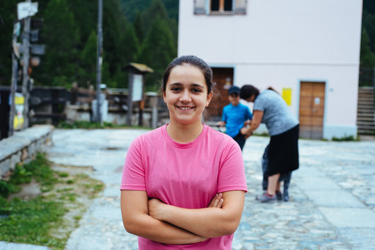 Portrait Of A 12 Year Old Girl In The Mountain Village Of The Alps