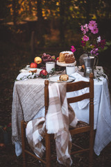 Pique-Nique d'Automne avec un Gâteau Aux Pommes, des Fruits et du Café